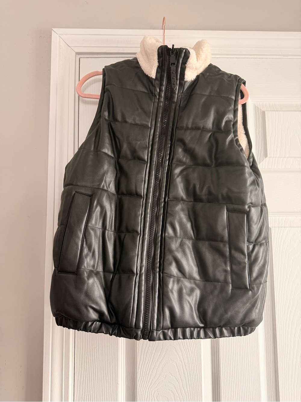 Rebecca Minkoff  Black Quilted Faux Leather Vest with Cream Fleece Collar